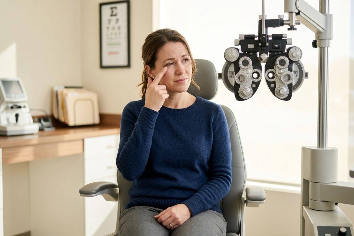 Person seated in an exam chair touching their eye, beside a phoropter in an optometrist's office.